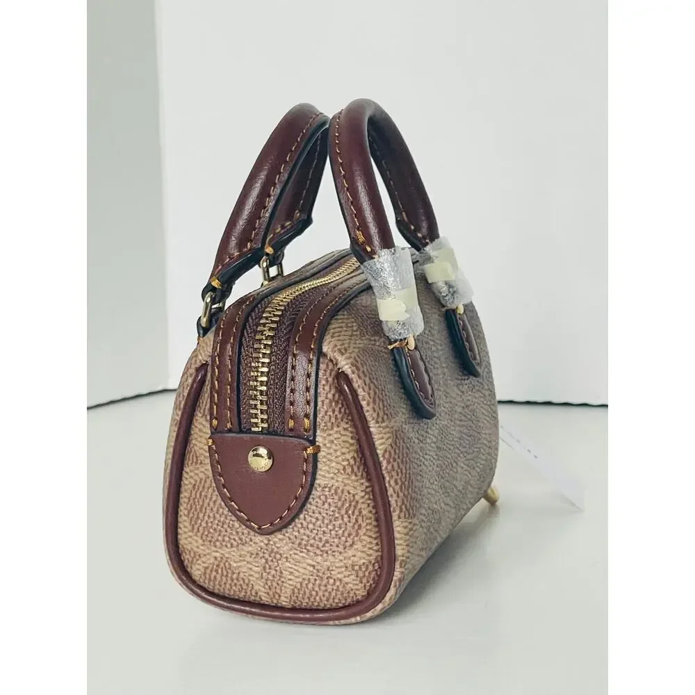 Coach Mini Rowan Bag Charm Brown Signature Canvas Leather Gold CX068